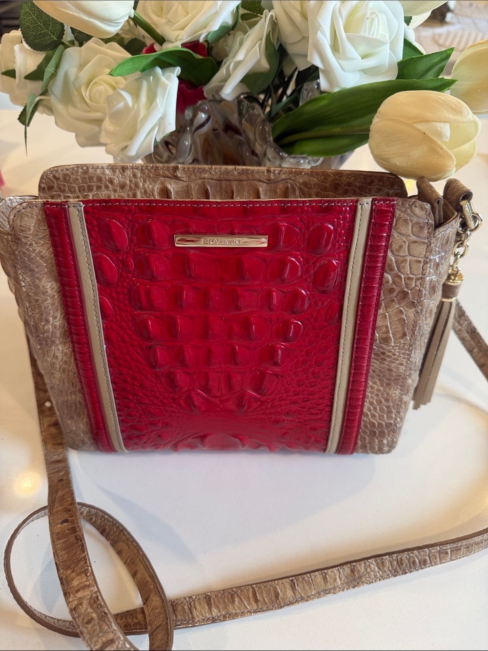 Brahmin Red and Taupe Croc-Embossed Leather Crossbody